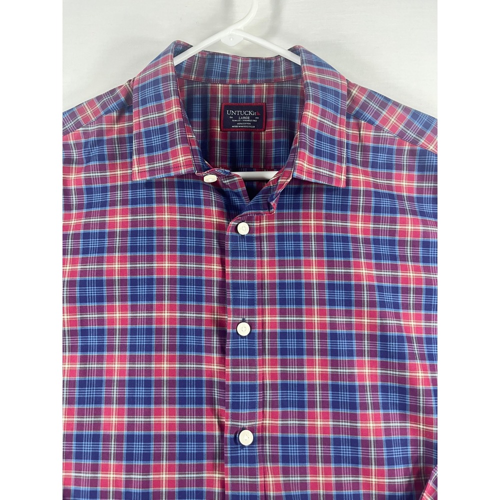 UNTUCKit Arnaldo WF Slim Fit Plaid Shirt Mens Large Red Blue Wrinkle Free 41249